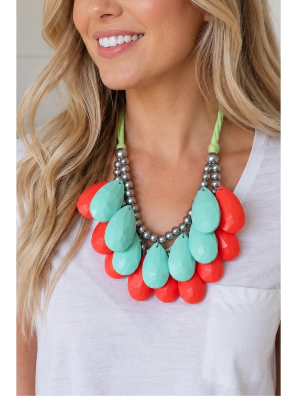 Mint green and peach layered teardrop chunky statement necklace, vibrant